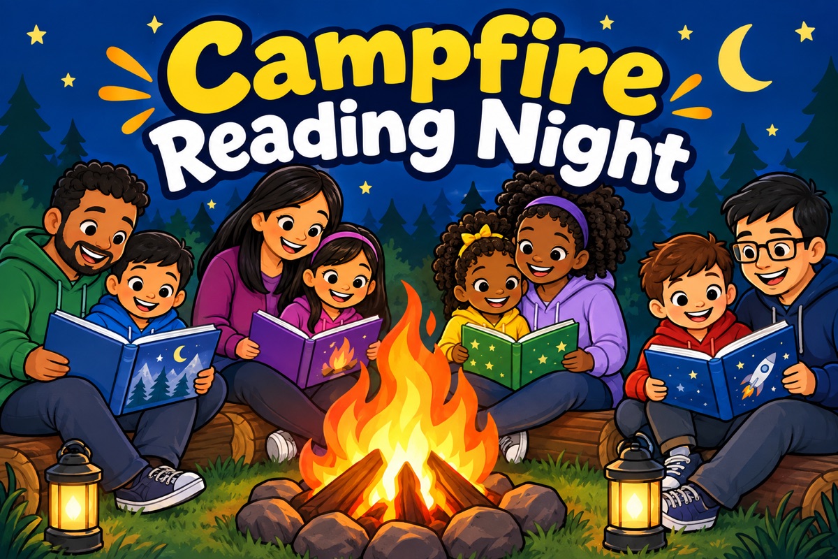 Campfire Reading Night — cocoa, stories, and free books to take home.